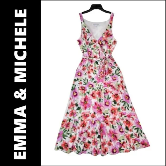Emma & Michele | Dresses | Emma Michele Long Dress Size Medium Women  Sleeveless Floral Flare Ruffle Belt | Poshmark